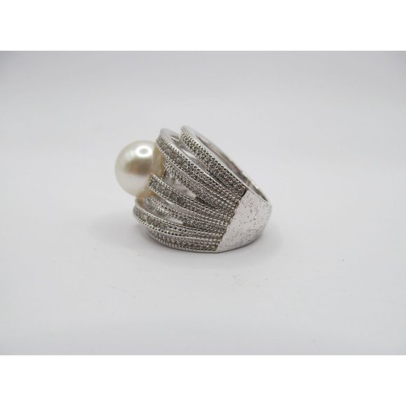 Faux Pearl 7 Tier Band Rhinestone Cocktail Ring signed NVC - Picture 12 of 14